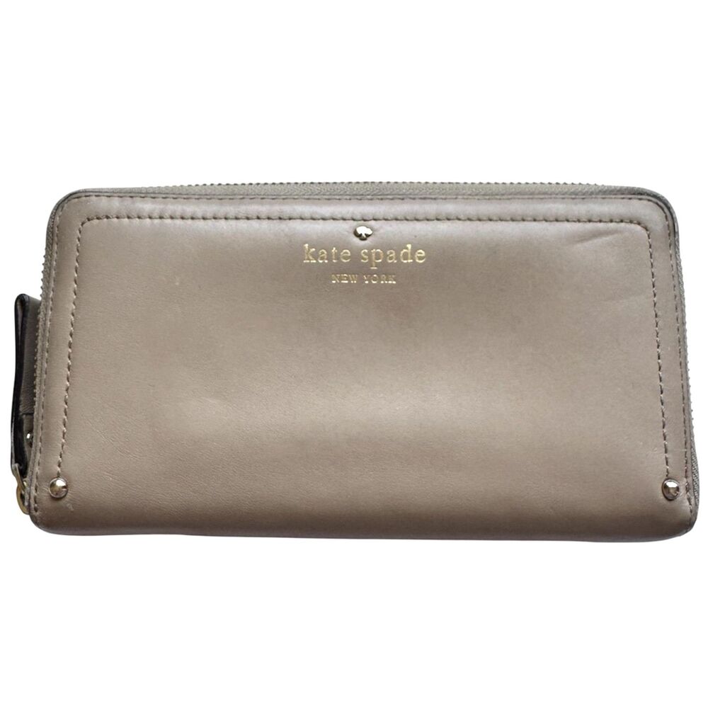 Kate Spade Zip Around Smooth Leather Wallet Gold Hardware Rivets Taupe Beige